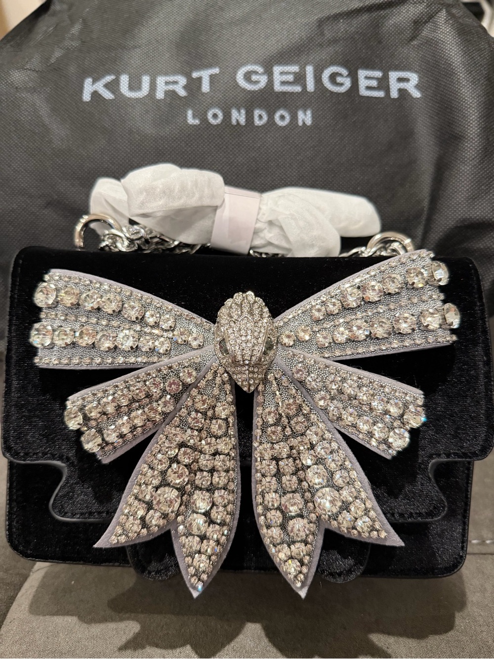 New Kurt Geiger Black Velvet Mini Bag with Crystal Bow Accent - Picture 3 of 9